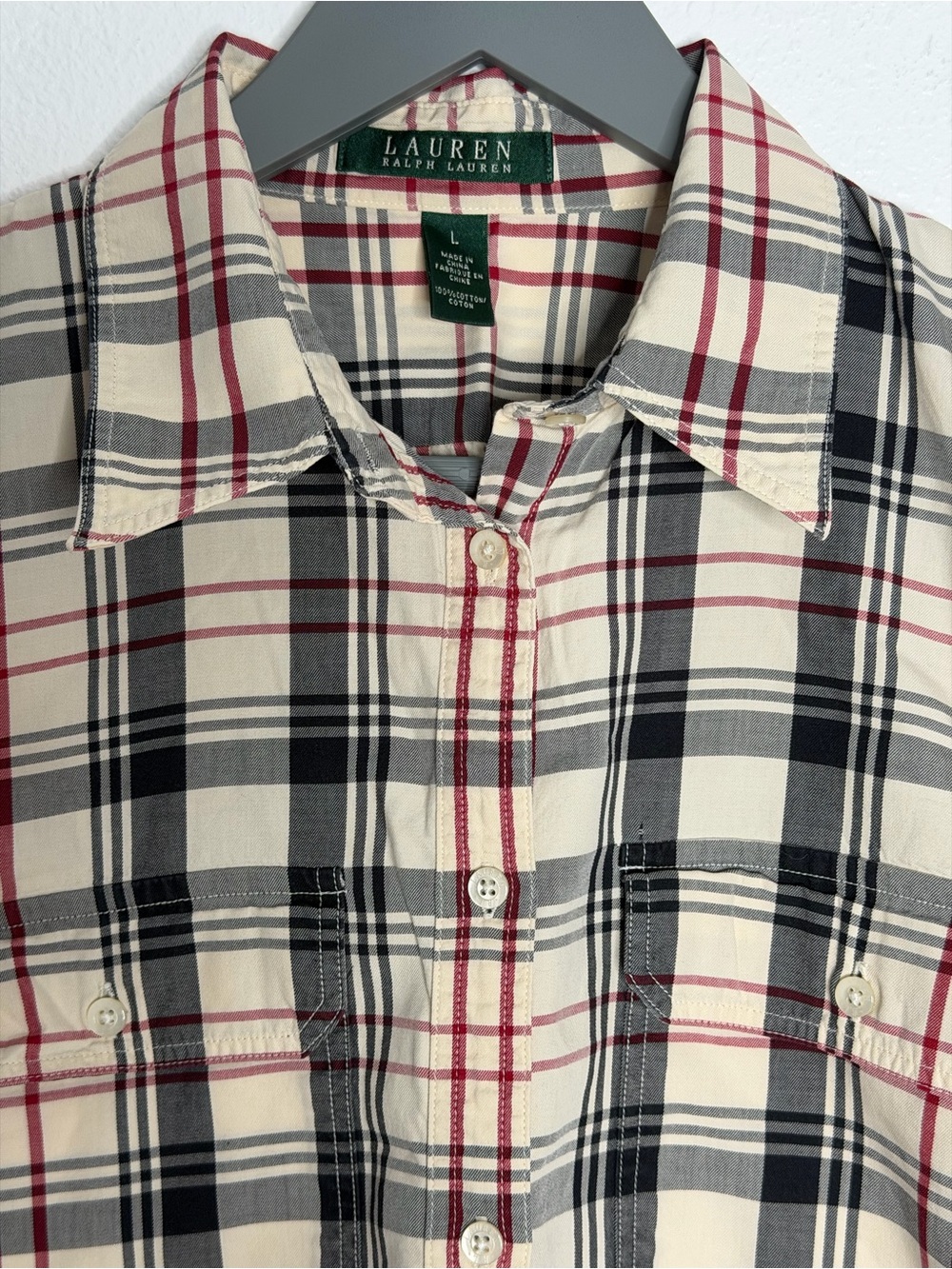 Lauren Ralph RLL cotton plaid button-down shirt blouse long sleeve size L - Picture 4 of 15